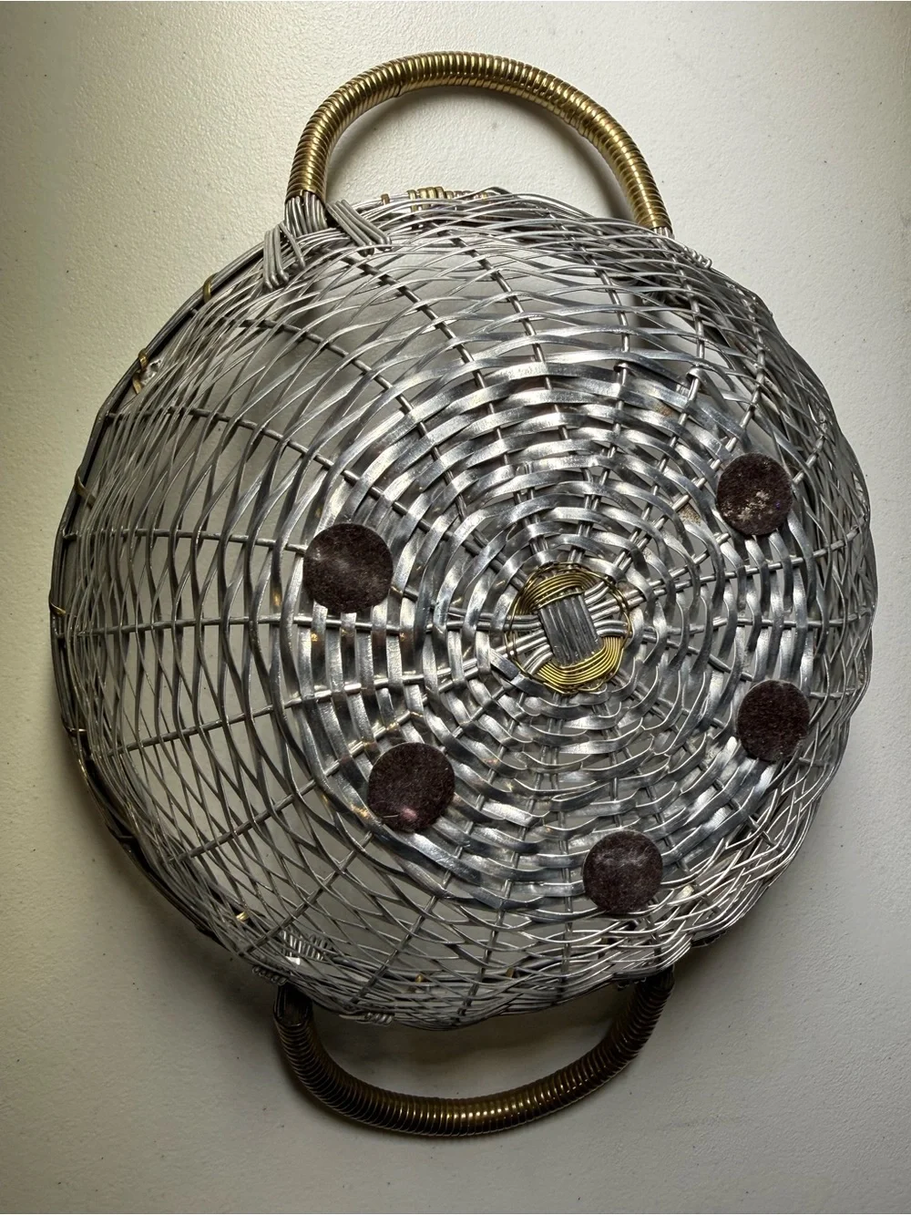 Vintage MCM Woven Metal Baskets Set of 2-Round/Rectangular Aluminum/Brass India